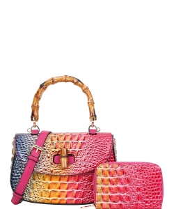 2 in 1 Crocodile Bamboo Handle Tie-dyed Satchel Wallet Set CE-8904A ROSE
